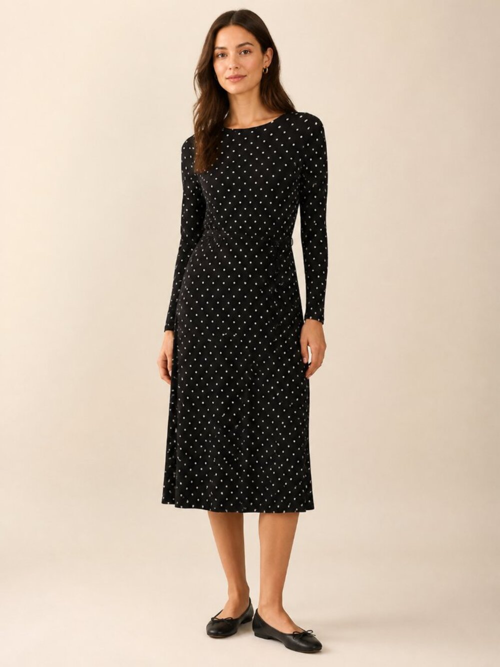 H&M Black & White Polka Dot Belted Midi Dress XS